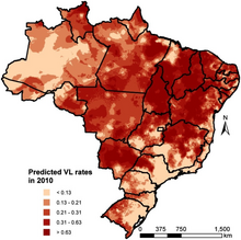 Geostatistical model-based predicted incidence rates per 10,000 for visceral leishmaniasis in Brazil
