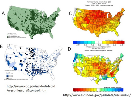 a-d) West Nile virus activity and climate analomies in the USA during 2012