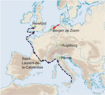 Five archaeological sites -independent infection routes black/red dotted arrows for spread of Black Death
